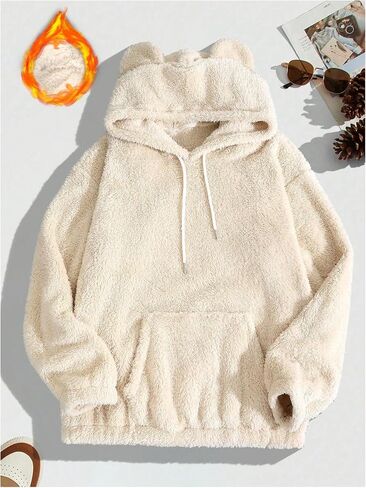 Men's Bear Ear Hoodies Drawstring Long Sleeve Fleece Sweatshirt Fuzzy Pullover Tops in Saudi Arabia