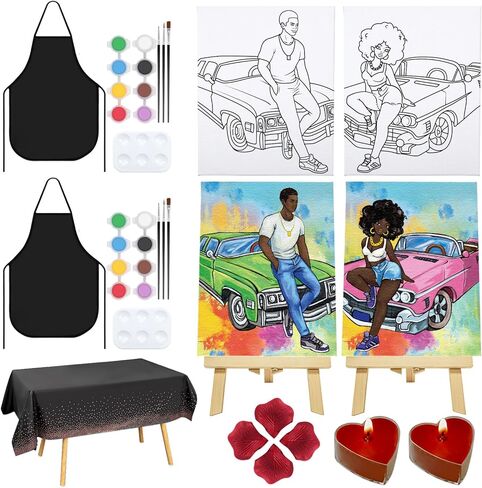 Nuberlic Date Night Painting Kit for Couples Sip and Paint Kit for Adults Couples Pre Drawn Canvas to Paint for Adults Valentines Sunset Love Theme 2 Pack 8" X 10" in Kuwait