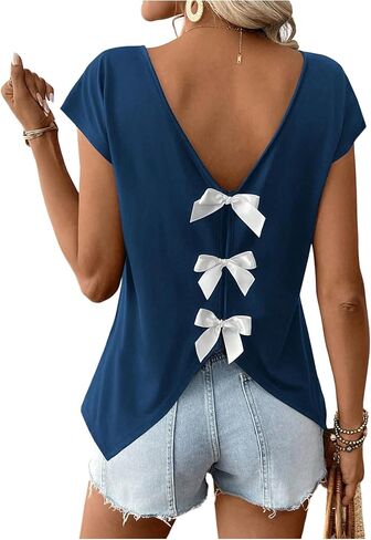 Women's Bowknot Backless Tops V Neck Short Cap Sleeve Elegant T Shirt Trendy Summer Tops in Kuwait