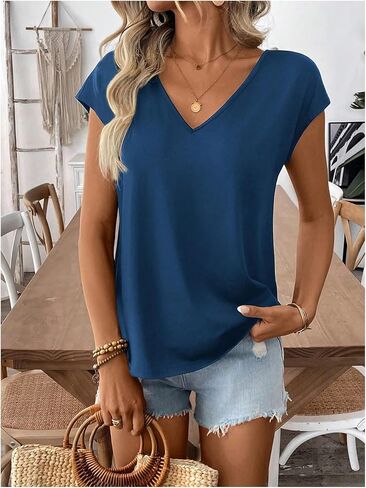 Women's Bowknot Backless Tops V Neck Short Cap Sleeve Elegant T Shirt Trendy Summer Tops in Kuwait