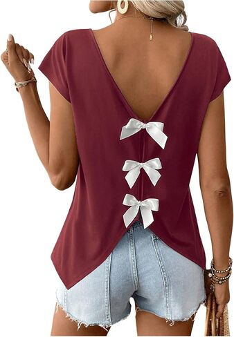 Women's Bowknot Backless Tops V Neck Short Cap Sleeve Elegant T Shirt Trendy Summer Tops in Kuwait