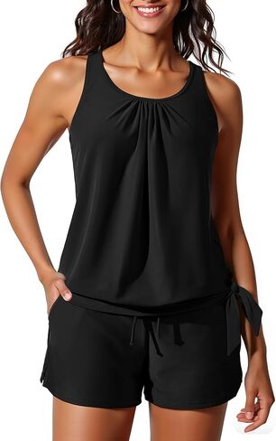 Blouson Tankini Swimsuit with Shorts - Womens Two Piece with Pockets Tummy Control Bathing Suit Modest Swimwear 2025 in Kuwait