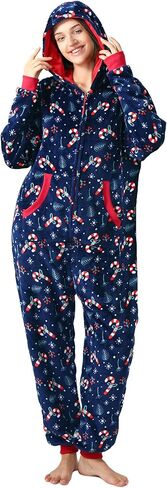 Unpifolov Unisex Flannel Christmas Jumpsuit Soft Sleepwear Adult Couple Matching Family Pajamas Hooded Zip Homewear in Saudi Arabia