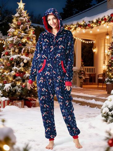 Unpifolov Unisex Flannel Christmas Jumpsuit Soft Sleepwear Adult Couple Matching Family Pajamas Hooded Zip Homewear in Saudi Arabia