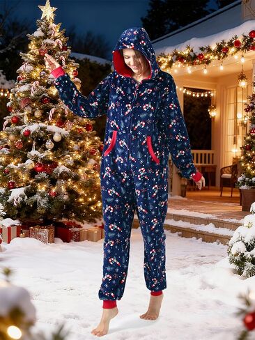 Unpifolov Unisex Flannel Christmas Jumpsuit Soft Sleepwear Adult Couple Matching Family Pajamas Hooded Zip Homewear in Saudi Arabia