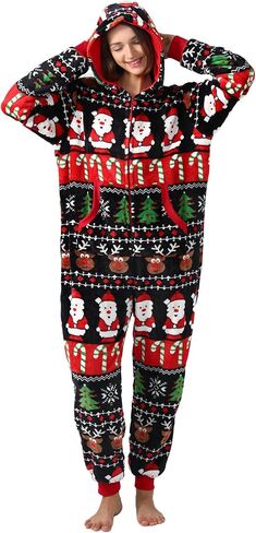 Unpifolov Unisex Flannel Christmas Jumpsuit Soft Sleepwear Adult Couple Matching Family Pajamas Hooded Zip Homewear in Saudi Arabia