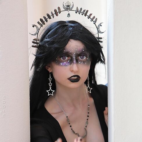 Goth Goddess Halo Crown - Black Moon Star Beadband Beaddshic Wethic Wedding Quartz Crystal Headpiece for Carnival Cosplay Party Festival Photoshoot Halloween Haddress in Kuwait