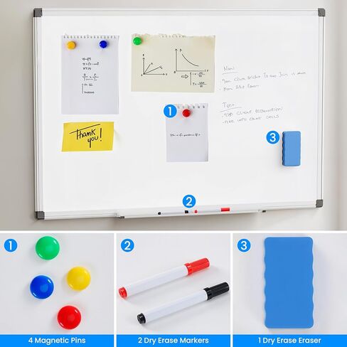 Simple Deluxe Magnetic Dry Erase Board 36" x 24" Whiteboard, 1 Dry Eraser & 2 Multicolor Markers & 4 Magnetic Pins, Sliver Reinforced Aluminum Frame for Home, School, Office in Kuwait