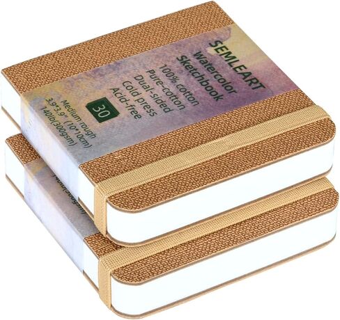 Semleart Watercolor Journal - Compact & Portable ، حزمة 2 ، 3.93 × 3.93 "30 صفحة لكل منهما ، مضغوط بارد ، 140 رطل/300 جم - مثالي للرسم والرسم المائي أثناء التنقل (البرتقالي) in Kuwait