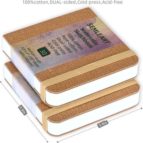 Semleart Watercolor Journal - Compact & Portable ، حزمة 2 ، 3.93 × 3.93 "30 صفحة لكل منهما ، مضغوط بارد ، 140 رطل/300 جم - مثالي للرسم والرسم المائي أثناء التنقل (البرتقالي) in Kuwait