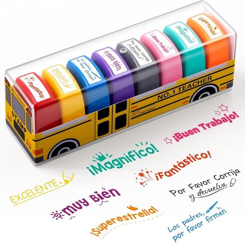 Qilery 8 Pcs Teacher Stamp Spanish Teacher Grading Stamp Gifts Rubber Self Inking Motivation Teacher Stamps for School Spanish Classroom Grading Stamp School Prizes in Kuwait