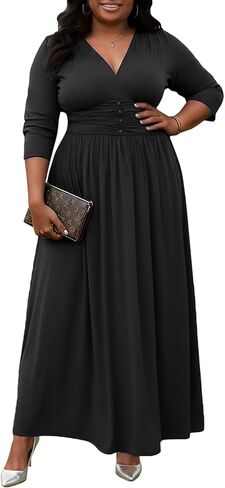 Runwind Plus Size Maxi Dress for Curvy Women 3/4 Long Casual Wedding Guest Dress with Pockets in Kuwait