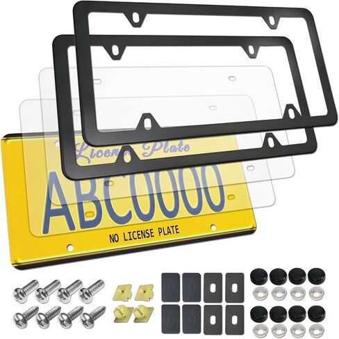 License Plate Frame Cover Kit- Clear Flat Plate Cover & Stainless Steel Car Tag Holder, Unbreakable Novelty Protector Fit Standard US Plate, Mount Screws, Chrome Caps, 1 Pack for Front or Rear in Saudi Arabia