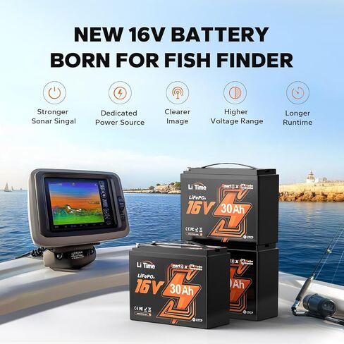 Litime 16V 70Ah Professional Fish Finder LiFePO4 Battery with 18.25V&14.6V 10A Charger, Bluetooth 5.0, Built in BMS, 10 Years Lifetime Perfect for Sonars, Radars, Marine Electronics in Kuwait