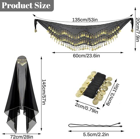 4Pcs Belly Dancer Outfit Sets, Chiffon Head Scarf with Head Piece, Belly Dancing Hip Scarf with Sequins Coins, 2 Gold Coin Wrist Bracelets, 50 Bobby Pins, Belly Dancer Costumes for Women in Kuwait