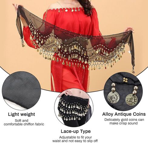 4Pcs Belly Dancer Outfit Sets, Chiffon Head Scarf with Head Piece, Belly Dancing Hip Scarf with Sequins Coins, 2 Gold Coin Wrist Bracelets, 50 Bobby Pins, Belly Dancer Costumes for Women in Kuwait