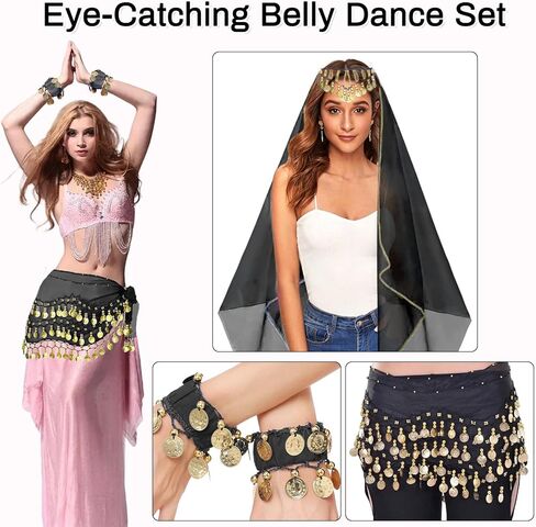 4Pcs Belly Dancer Outfit Sets, Chiffon Head Scarf with Head Piece, Belly Dancing Hip Scarf with Sequins Coins, 2 Gold Coin Wrist Bracelets, 50 Bobby Pins, Belly Dancer Costumes for Women in Kuwait