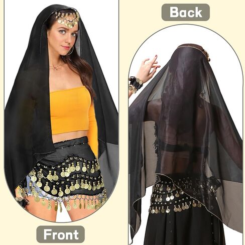 4Pcs Belly Dancer Outfit Sets, Chiffon Head Scarf with Head Piece, Belly Dancing Hip Scarf with Sequins Coins, 2 Gold Coin Wrist Bracelets, 50 Bobby Pins, Belly Dancer Costumes for Women in Kuwait