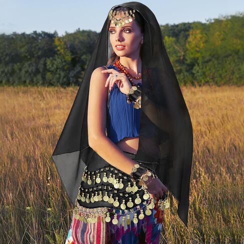 4Pcs Belly Dancer Outfit Sets, Chiffon Head Scarf with Head Piece, Belly Dancing Hip Scarf with Sequins Coins, 2 Gold Coin Wrist Bracelets, 50 Bobby Pins, Belly Dancer Costumes for Women in Kuwait
