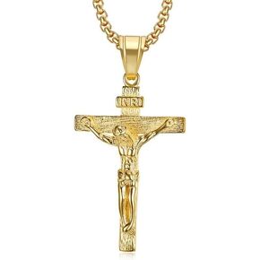 Crucifix Cross Necklace For Men Women Stainless Steel Silver 18k Gold Plated 3mm 20inch Figaro Chain Trendy Jesus Cross Pendant Necklace Baptism Christian Easter Prayer Jewelry Gift in Kuwait