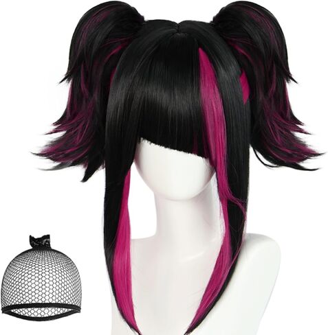 Juri Han Wig with Bangs Street Fighter Wigs for Women Short Black and Pink Wigs of Bull Horn Pointed Hairstyle for Anime Halloween Costume Party Outfit for Christmas+ Wig Cap in Saudi Arabia