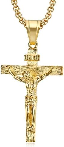 Crucifix Cross Necklace For Men Women Stainless Steel Silver 18k Gold Plated 3mm 20inch Figaro Chain Trendy Jesus Cross Pendant Necklace Baptism Christian Easter Prayer Jewelry Gift in Saudi Arabia