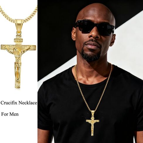 Crucifix Cross Necklace For Men Women Stainless Steel Silver 18k Gold Plated 3mm 20inch Figaro Chain Trendy Jesus Cross Pendant Necklace Baptism Christian Easter Prayer Jewelry Gift in Saudi Arabia