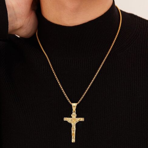 Crucifix Cross Necklace For Men Women Stainless Steel Silver 18k Gold Plated 3mm 20inch Figaro Chain Trendy Jesus Cross Pendant Necklace Baptism Christian Easter Prayer Jewelry Gift in Saudi Arabia
