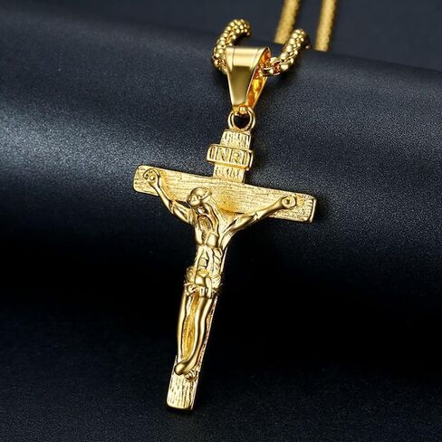 Crucifix Cross Necklace For Men Women Stainless Steel Silver 18k Gold Plated 3mm 20inch Figaro Chain Trendy Jesus Cross Pendant Necklace Baptism Christian Easter Prayer Jewelry Gift in Saudi Arabia