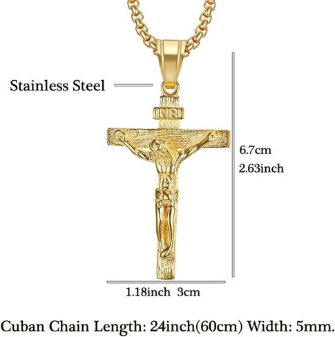 Crucifix Cross Necklace For Men Women Stainless Steel Silver 18k Gold Plated 3mm 20inch Figaro Chain Trendy Jesus Cross Pendant Necklace Baptism Christian Easter Prayer Jewelry Gift in Saudi Arabia