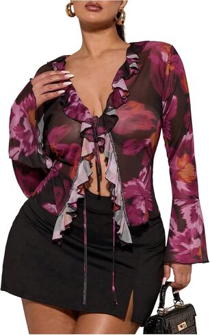 Wdirara Women's Plus Size Floral Lace Ther Tird Tie Tie Bront Long Bell Sleeve Tops Tops in Kuwait