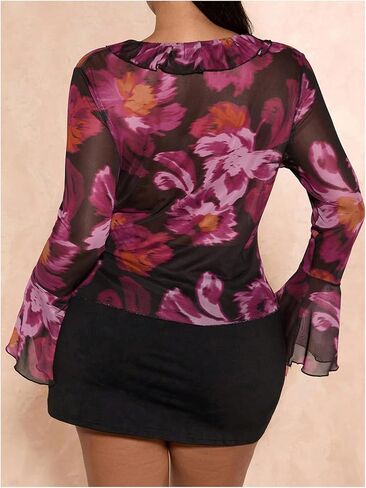 Wdirara Women's Plus Size Floral Lace Ther Tird Tie Tie Bront Long Bell Sleeve Tops Tops in Kuwait