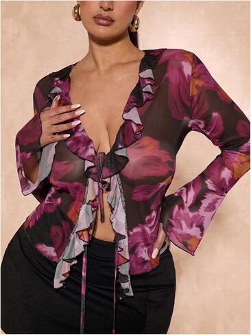 Wdirara Women's Plus Size Floral Lace Ther Tird Tie Tie Bront Long Bell Sleeve Tops Tops in Kuwait