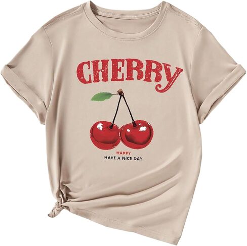 Girl's Graphic Tees Cherry Letter Print Short Sleeve T Shirts Crewneck Summer Tops in Saudi Arabia