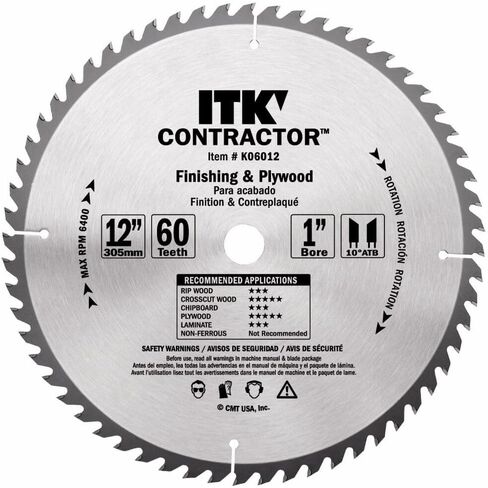 CMT K06012 ITK تشطيب المقاول وشفرة منشار الخشب الرقائقي، 12 × 60 سنًا، 10° ATB مع تجويف 1 بوصة in Saudi Arabia