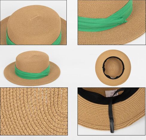 Straw Flat Top Sun-Boater-Hat for Men Women, Wide Brim Straw-Panama-Summer-Beach-Pork-Pie-Hats for Men Women(S/M) in Saudi Arabia