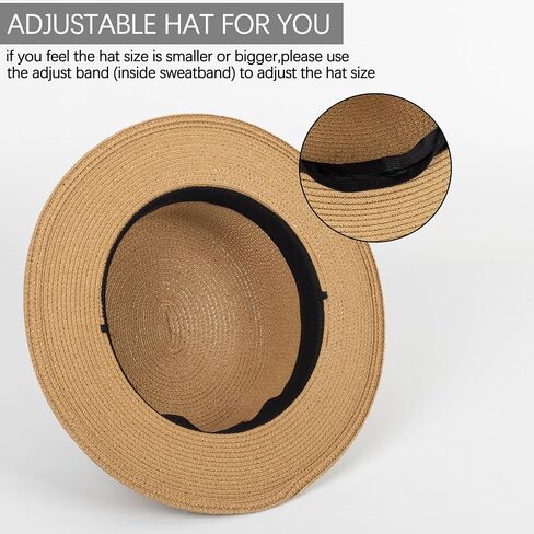 Straw Flat Top Sun-Boater-Hat for Men Women, Wide Brim Straw-Panama-Summer-Beach-Pork-Pie-Hats for Men Women(S/M) in Saudi Arabia