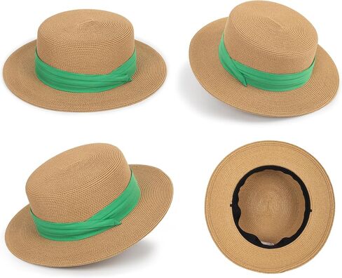 Straw Flat Top Sun-Boater-Hat for Men Women, Wide Brim Straw-Panama-Summer-Beach-Pork-Pie-Hats for Men Women(S/M) in Saudi Arabia