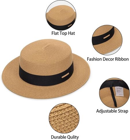 Straw Flat Top Sun-Boater-Hat for Men Women, Wide Brim Straw-Panama-Summer-Beach-Pork-Pie-Hats for Men Women(S/M) in Saudi Arabia