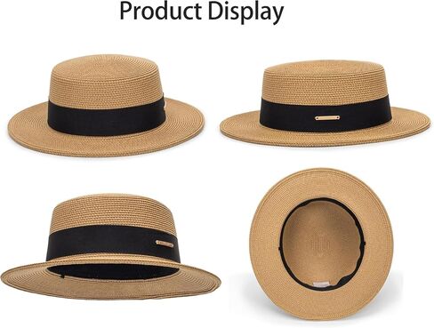 Straw Flat Top Sun-Boater-Hat for Men Women, Wide Brim Straw-Panama-Summer-Beach-Pork-Pie-Hats for Men Women(S/M) in Saudi Arabia