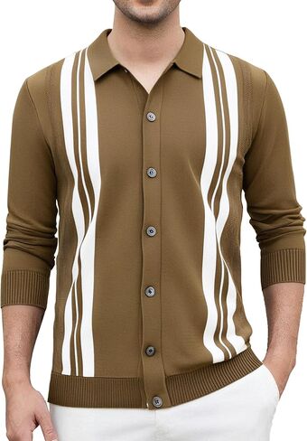 Esabel.C Men‘s Knit Button Down Shirts Long Sleeve Stripe Casual Ribbed Fashion Polo Shirts for Men in Kuwait