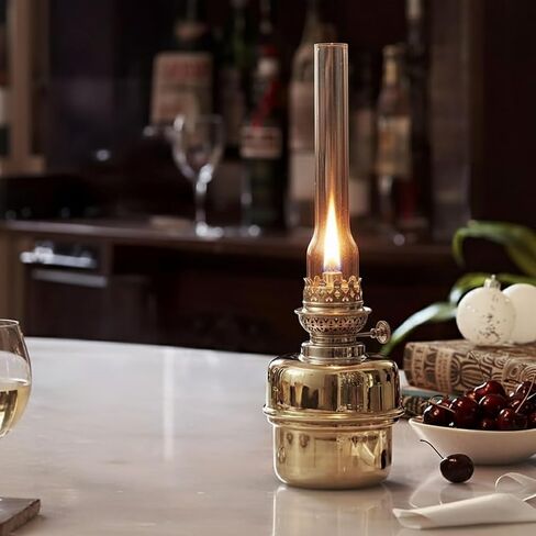 Oil Lamp - 15.5" Decorative Lamp with Antique-Style Glass Body and Brass Accents - Large Kerosene Lantern with Adjustable Wick - Oil Lamps for Indoor Use by Kings County Tools (Blue) in Kuwait