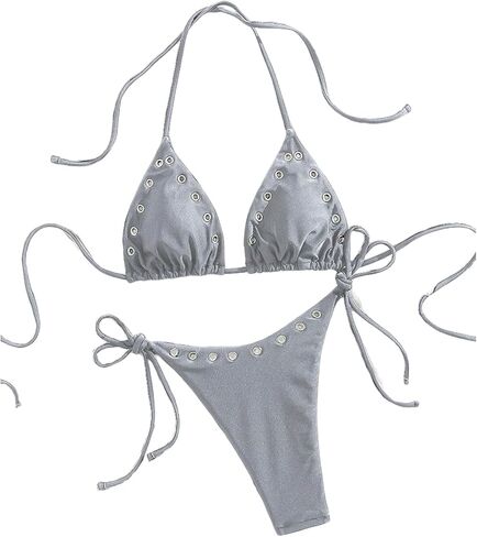 WDIRARA Women's 2 Piece Bikini Set Grommet Eyelet Halter Triangle String Swimsuit Tie Side Bathing Suit in Saudi Arabia