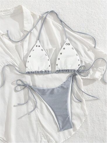 WDIRARA Women's 2 Piece Bikini Set Grommet Eyelet Halter Triangle String Swimsuit Tie Side Bathing Suit in Saudi Arabia