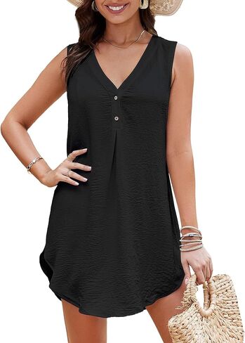 Eddoyee Swimsuit Cover Ups for Women Hollow Out Bikini Beach Bathing Suit V Neck Swim Coverup Mini Dress in Kuwait