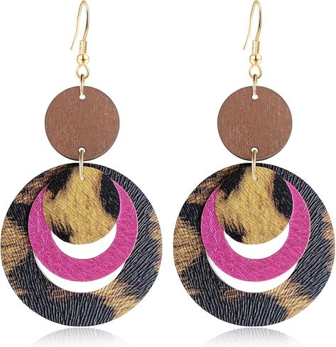 Handmade Bohemian PU Geometry Circle Dangle Drop Earrings Lightweight Nature Wooden Disc Leopard Print Hook Earrings For Women in Kuwait