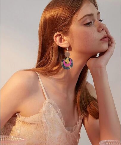 Handmade Bohemian PU Geometry Circle Dangle Drop Earrings Lightweight Nature Wooden Disc Leopard Print Hook Earrings For Women in Kuwait