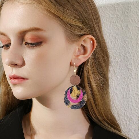 Handmade Bohemian PU Geometry Circle Dangle Drop Earrings Lightweight Nature Wooden Disc Leopard Print Hook Earrings For Women in Kuwait