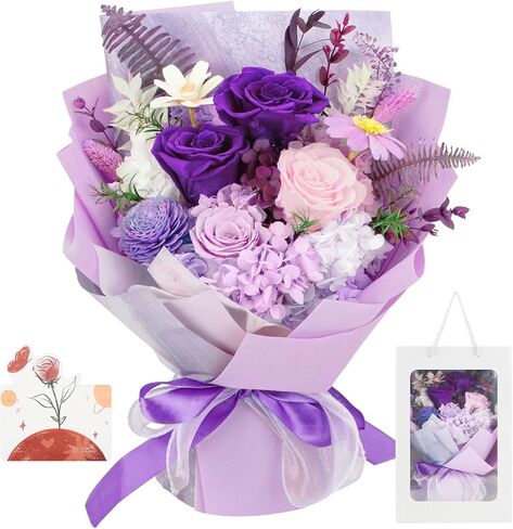 Flowers Gifts for Mom, Purple Flower for Delivery, Preserved Roses Bouquets, Purple Roses, Birthday Gifts for Women, Mothers Day Flowers for Wife Lasting Roses Bouquet in Kuwait