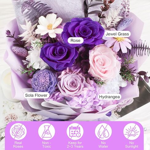 Flowers Gifts for Mom, Purple Flower for Delivery, Preserved Roses Bouquets, Purple Roses, Birthday Gifts for Women, Mothers Day Flowers for Wife Lasting Roses Bouquet in Kuwait